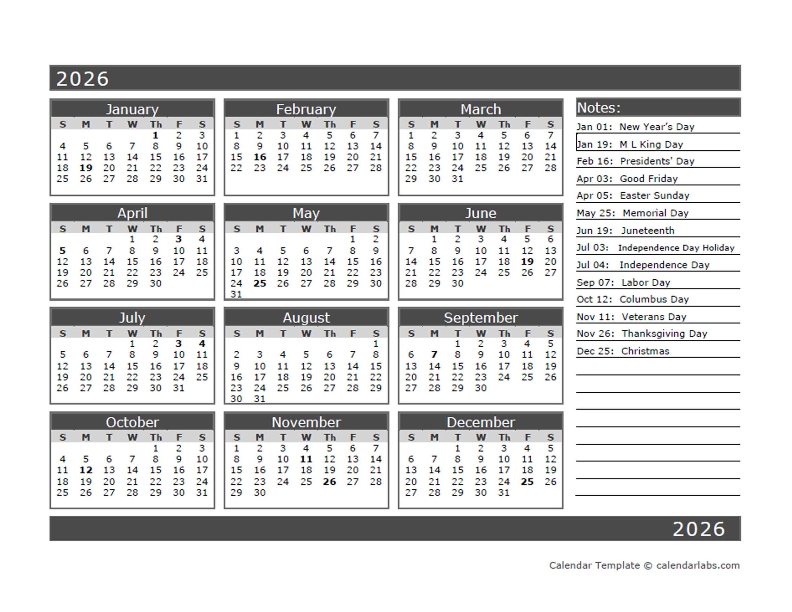 12 Month One Page Calendar Template For 2026 Free Printable Templates