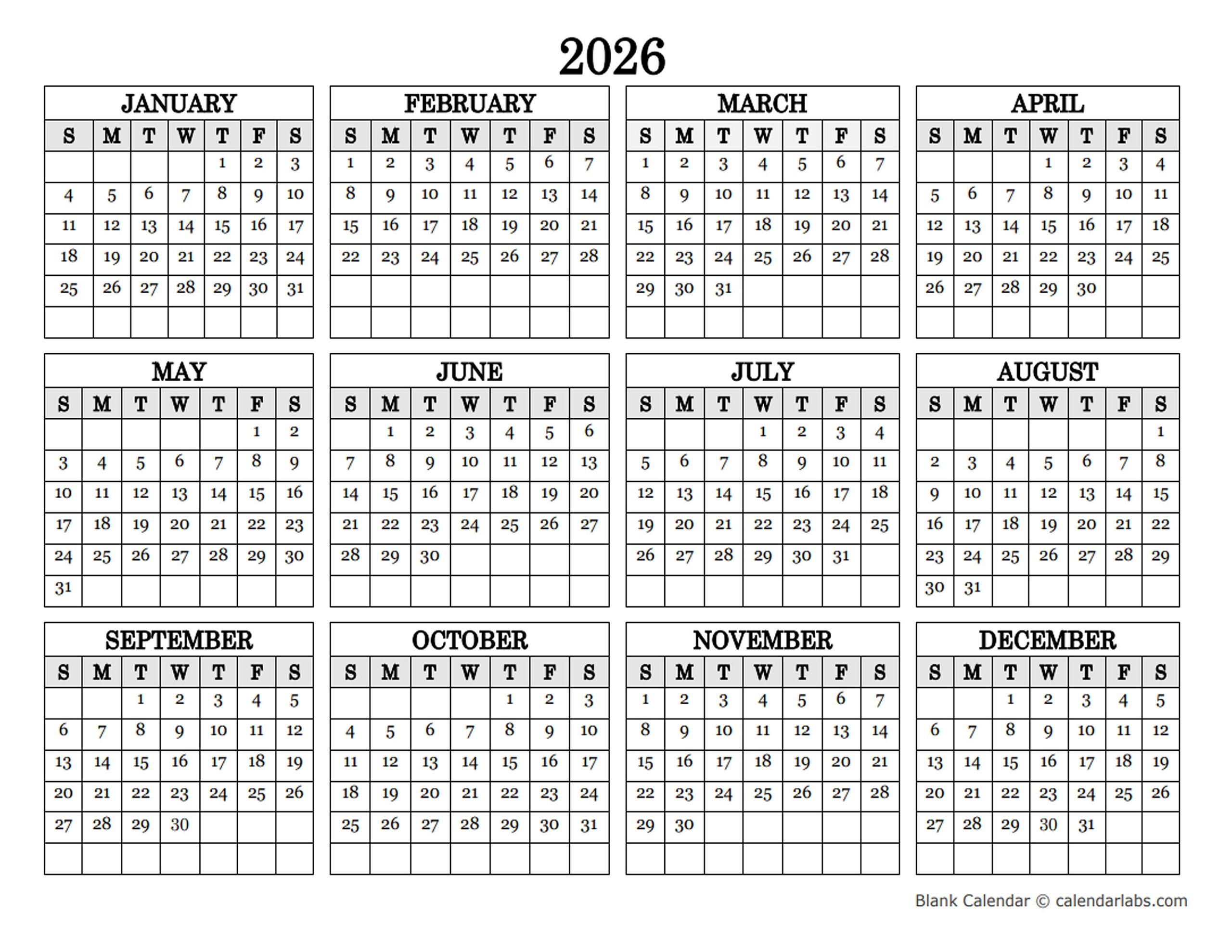2026 Blank Yearly Calendar Landscape Free Printable Templates