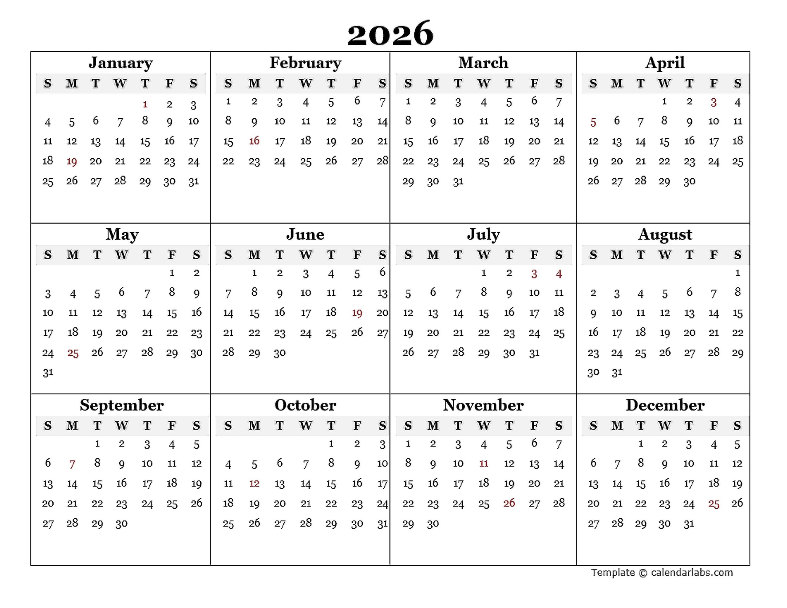 2026 Blank Yearly Calendar Template Free Printable Templates