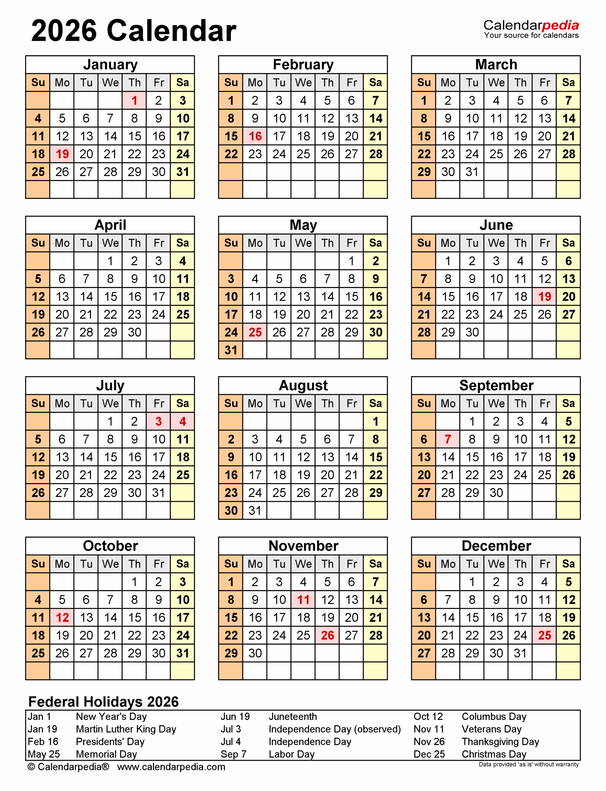2026 Calendar With Holidays Printable Pdf Dominic H Newman