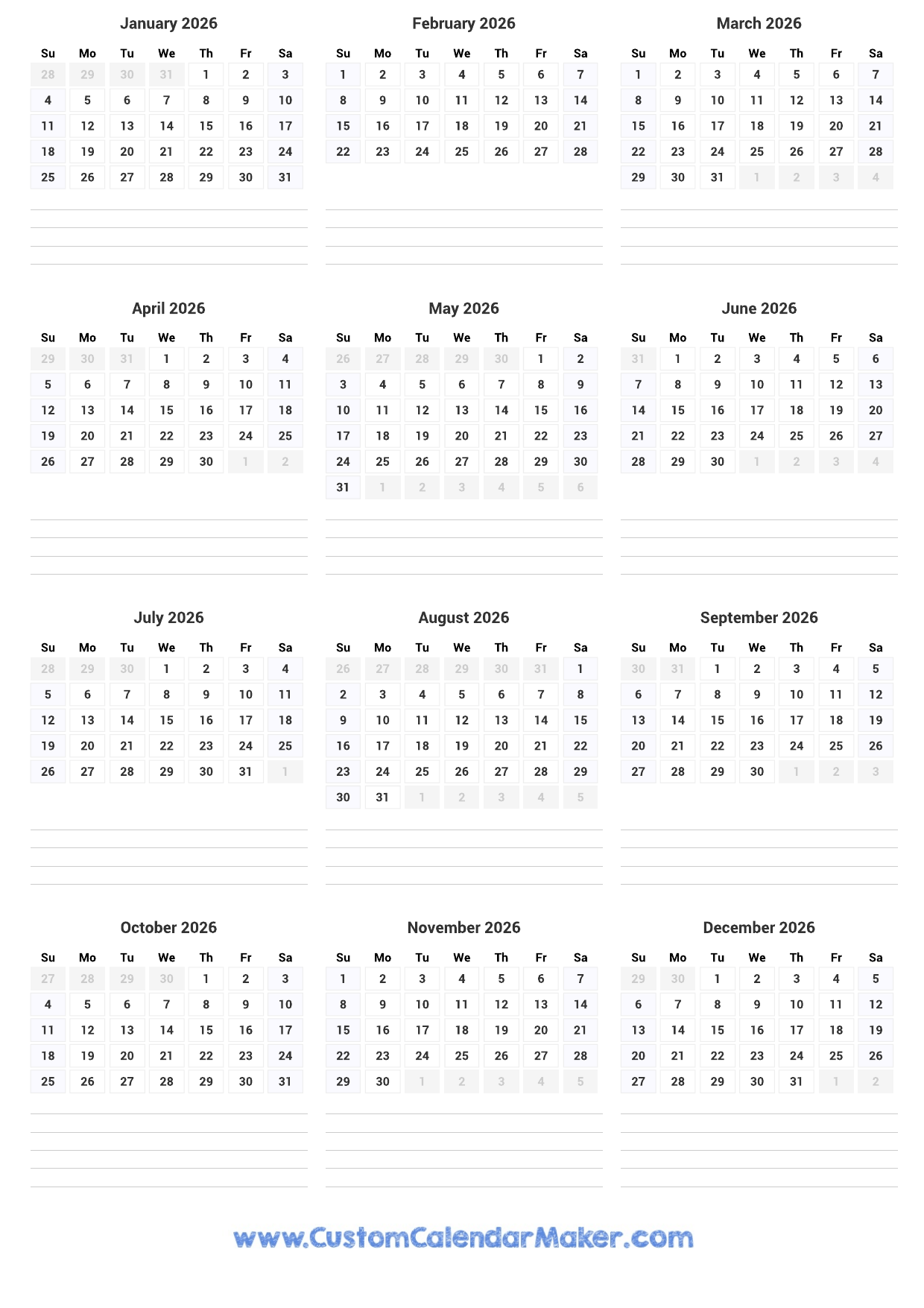 2026 Portrait Calendar 12 Month Vertical Calendar