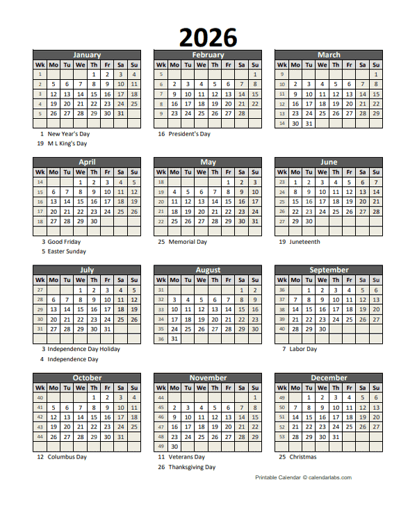 2026 Printable Calendar With Holidays Free Printable Templates 2026 Printable Calendar With Holidays Free Printable Templates