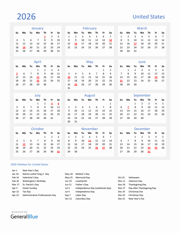 2026 Printable Calendar With United States Holidays