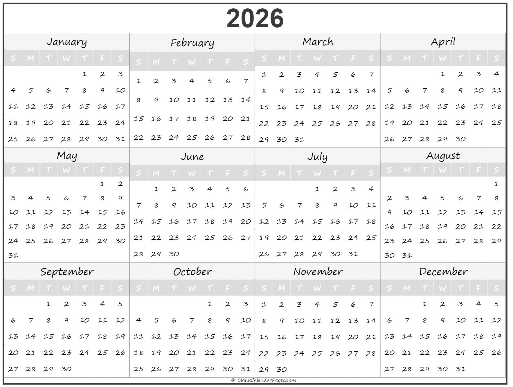2026 Year Calendar Yearly Printable 2026 Year Calendar Yearly Printable