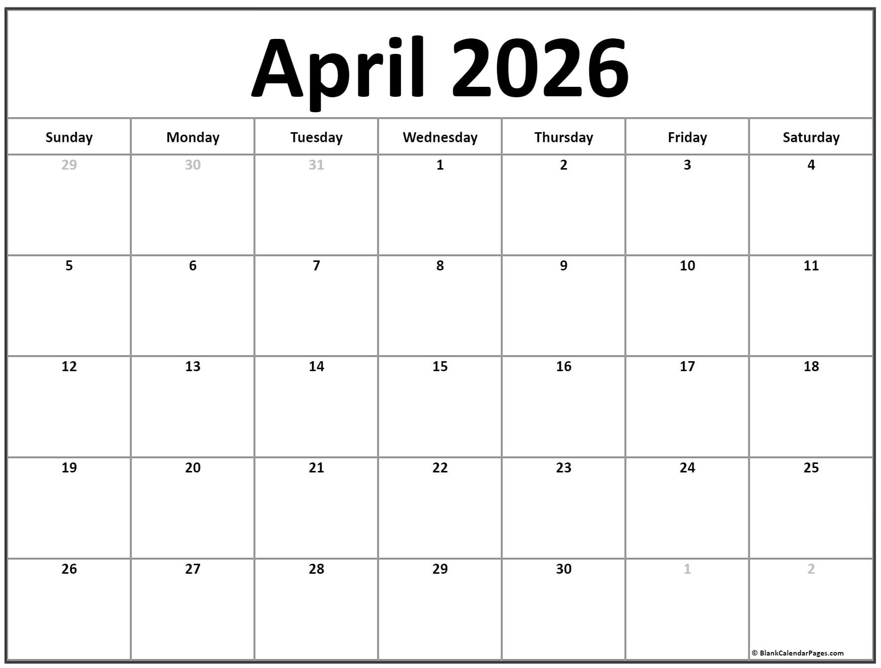 April 2026 Calendar Free Printable Calendars