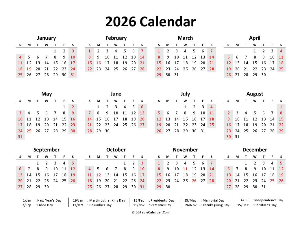 Download Printable 2026 Calendar Word PDF Version 