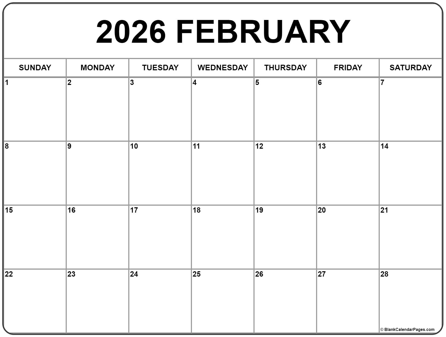 February 2026 Calendar Free Printable Calendars February 2026 Calendar Free Printable Calendars