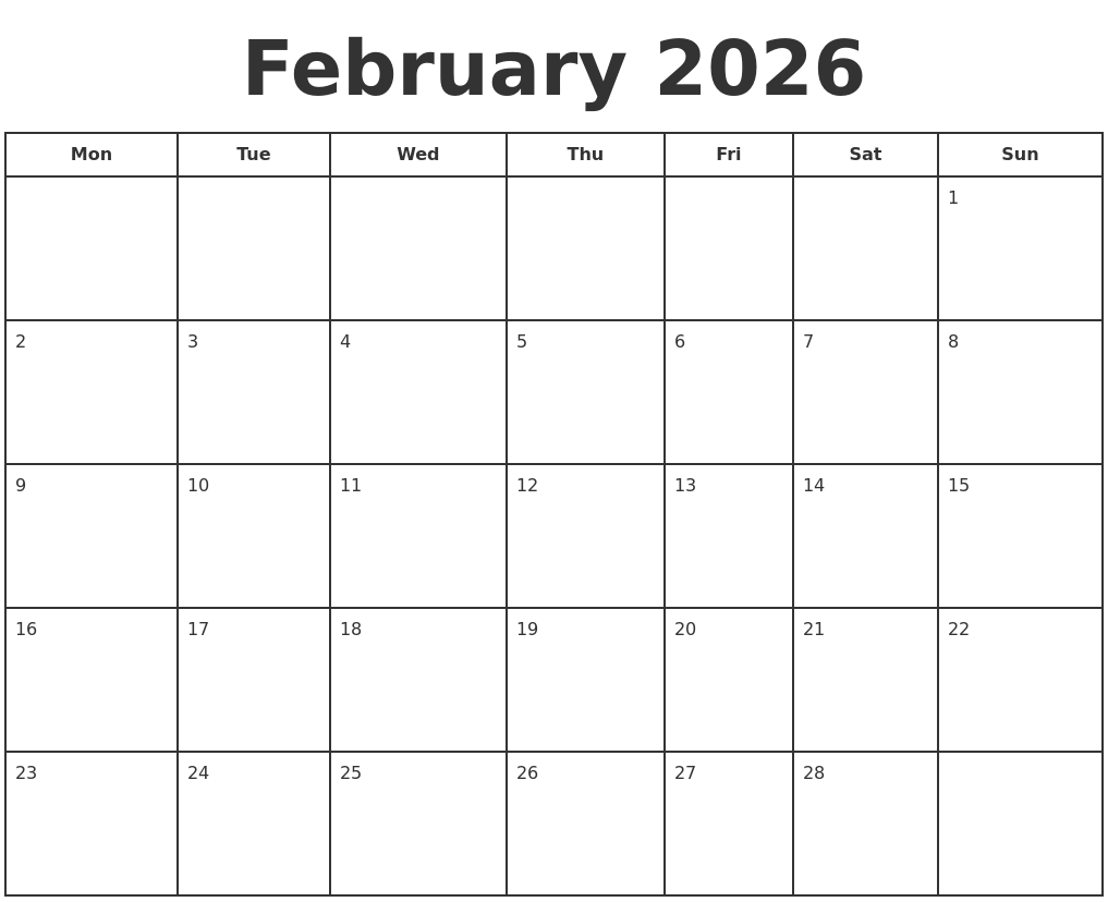 February 2026 Print A Calendar