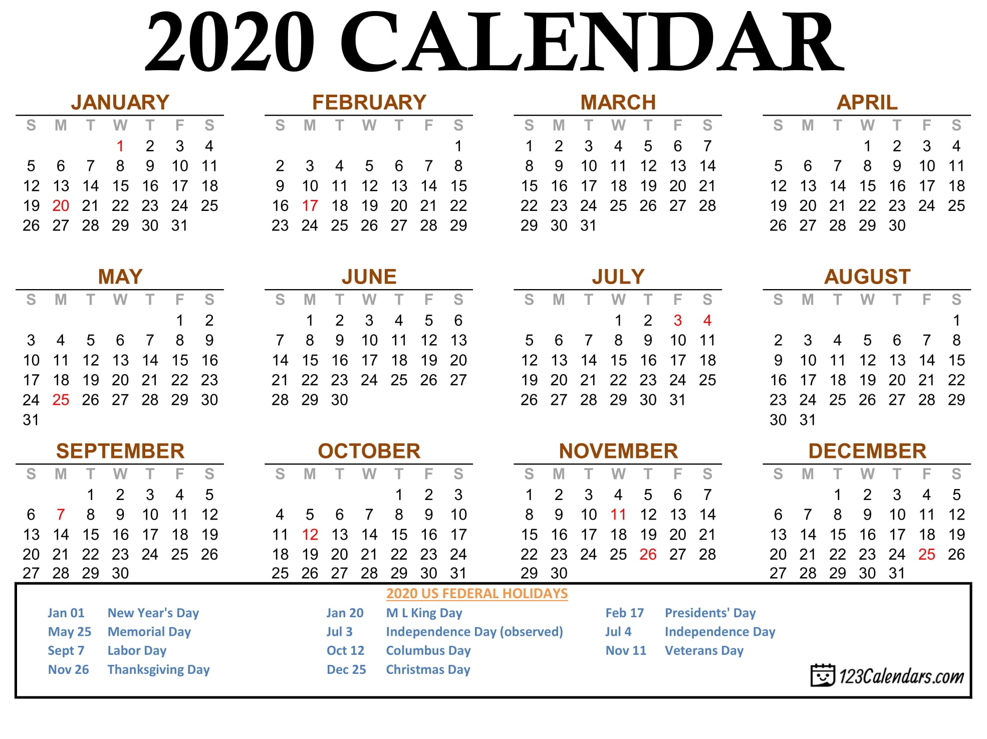Free Printable 2020 Calendar 123Calendars
