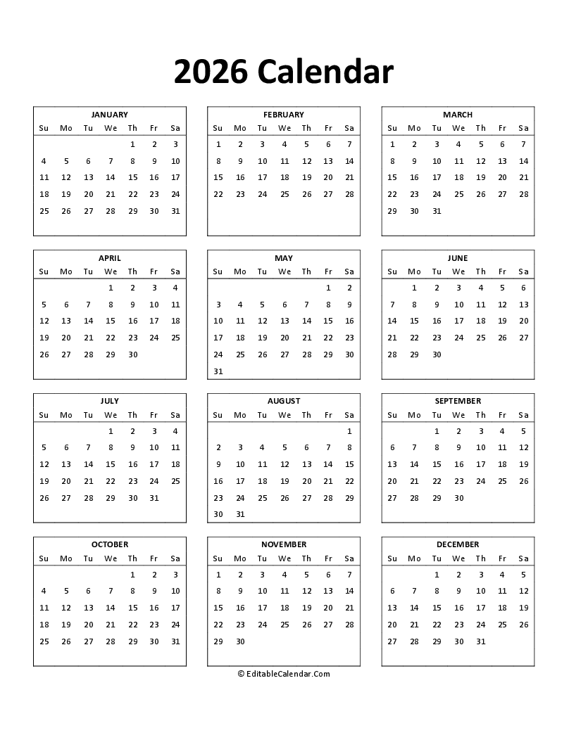 Free Printable 2026 Calendar