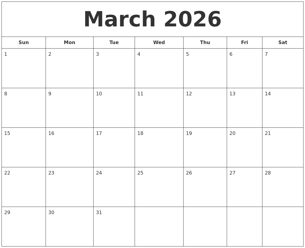 March 2026 Printable Calendar March 2026 Printable Calendar