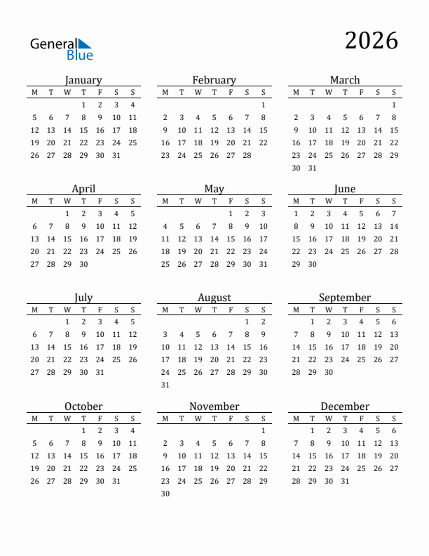 Year 2026 Free Printable 12 Month Calendar