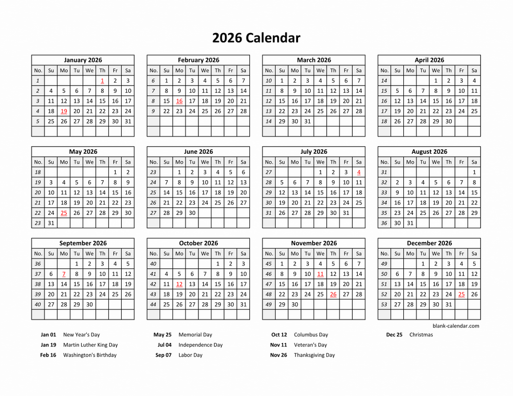 Yearly 2026 Calendars