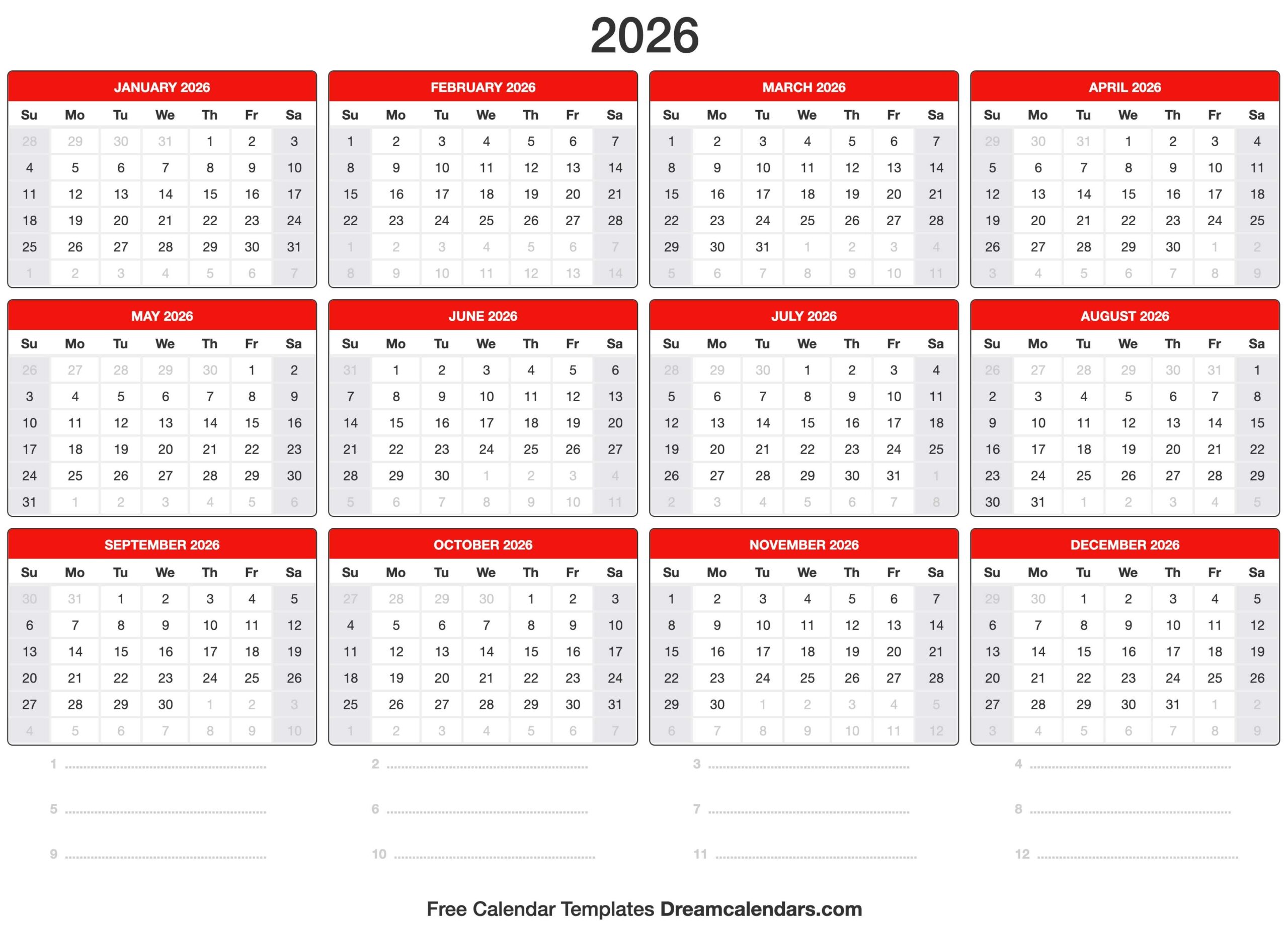 Yearly Calendar 2026 Printable